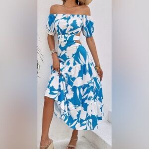 Elegant Blue Floral Off-Shoulder Boho maxi Kentucky Derby dress Size M NWOT